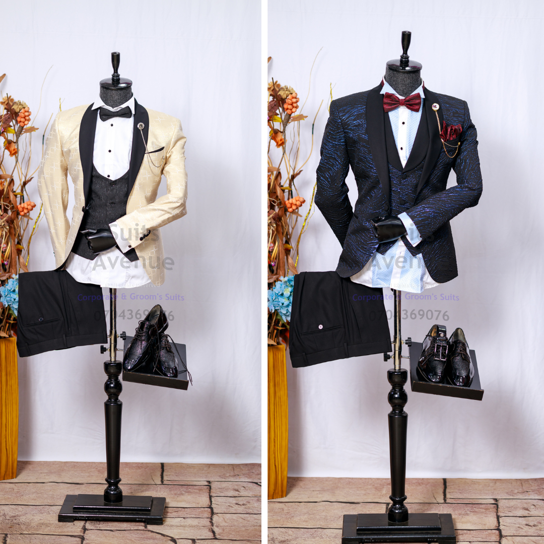 A modern midnight blue slim-fit tuxedo for weddings, galas, and special events