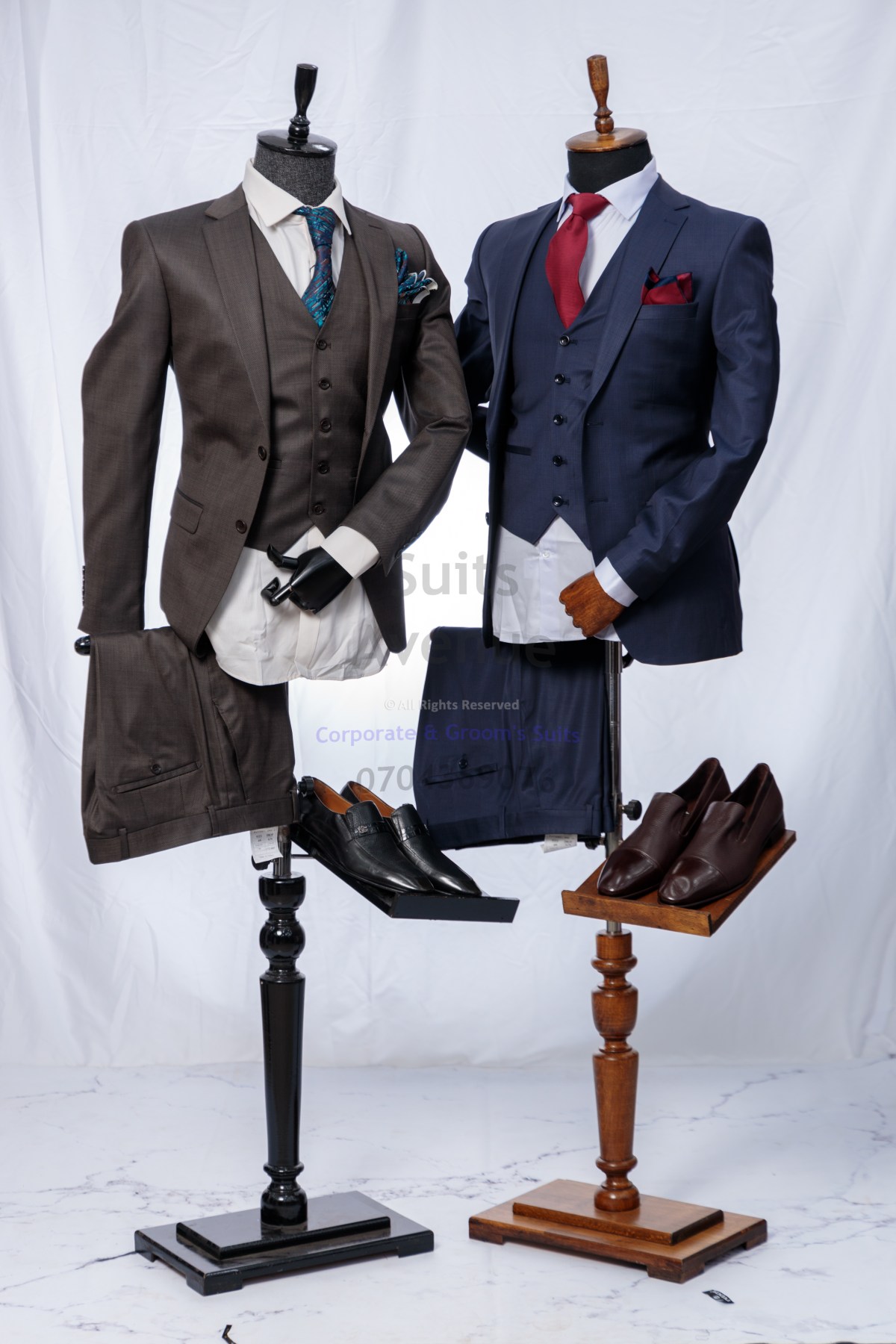 Man wearing a brown and navy 100% Wool corporate suit, ideal for formal business occasions in Kampala