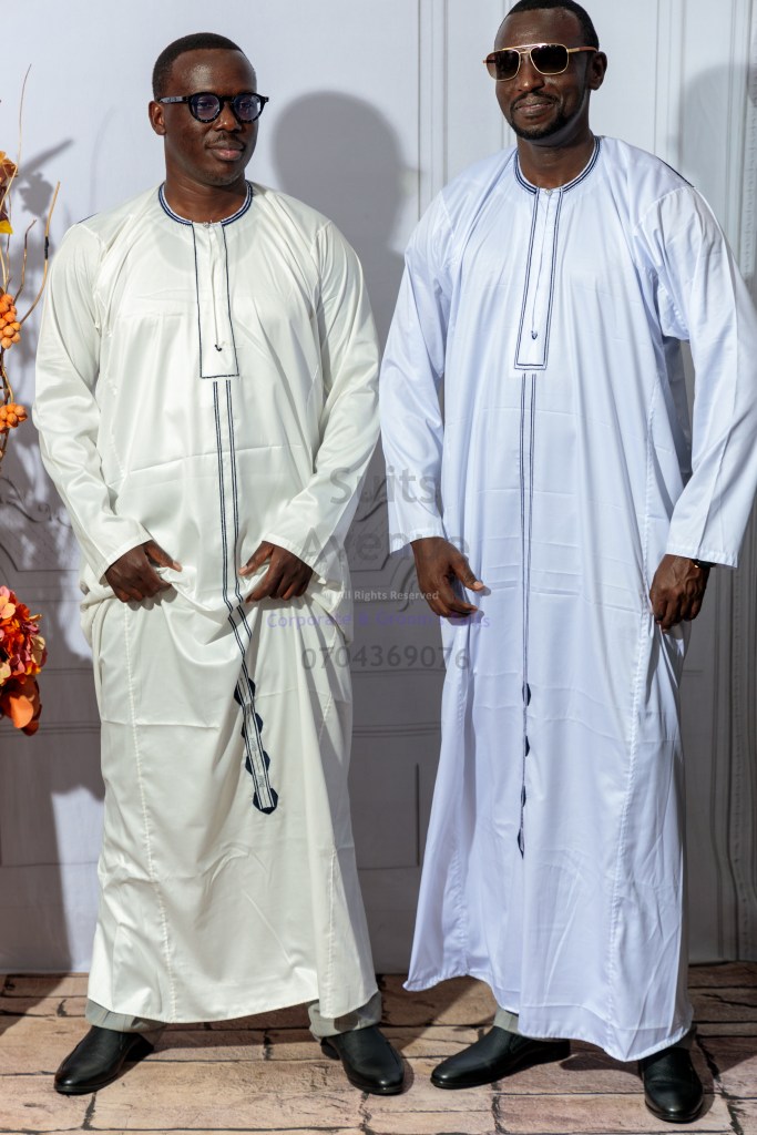A dignified, breathable Kanzu for men—crafted in Turkey from pure cotton, priced at 200,000 UGX at Suits Avenue (Insurance House, Kampala).