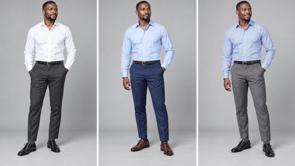 Three men wearing white, pale-blue and striped shirts with tailored trousers, matching belts and leather shoes.