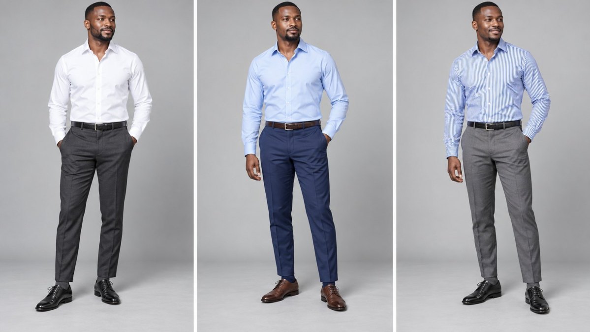 Three men wearing white, pale-blue and striped shirts with tailored trousers, matching belts and leather shoes.